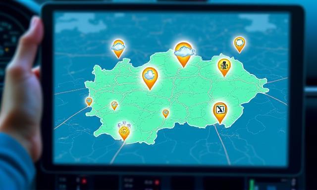 Obrázek s mapou a symboly počasí, ukazující dopravní situaci.
